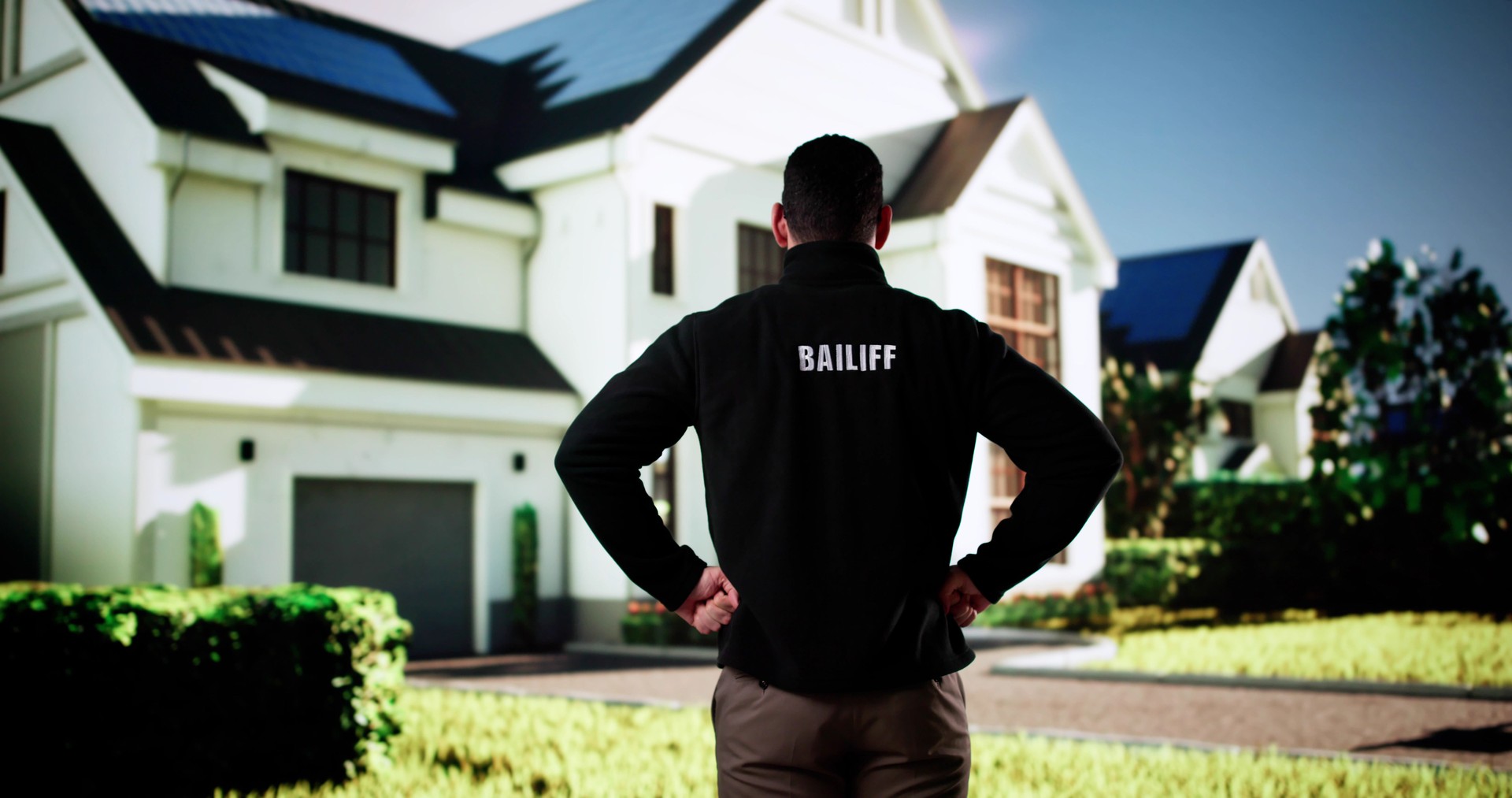 Hispanic Bailiff Man Standing In Front Of At House Entrance